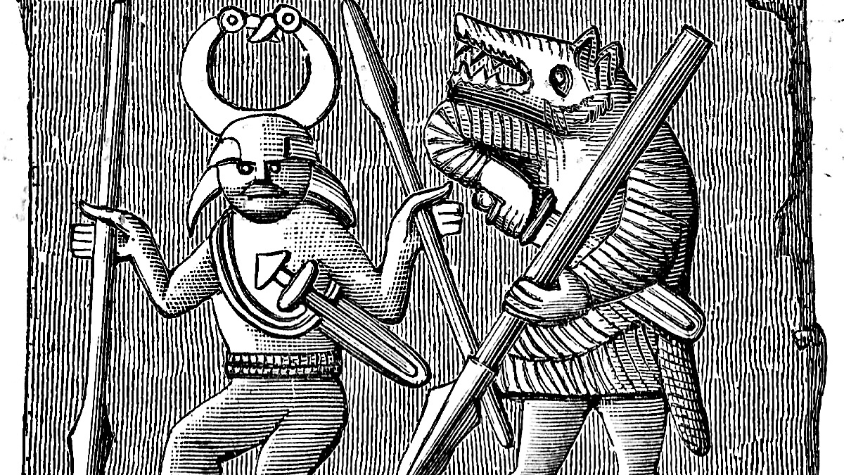 Woodcut of the image on the Vendel era helmet plate found on Öland, Sweden, depicting a weapon dancer followed by a berserker